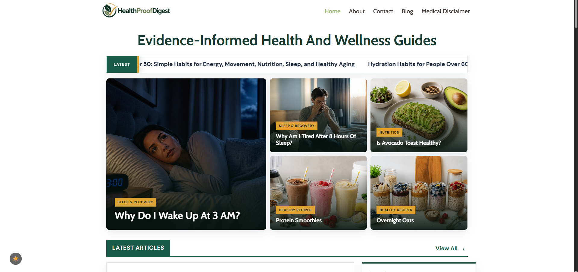 Health Proof Digest sağlık içerik platformu ana sayfa tasarımı