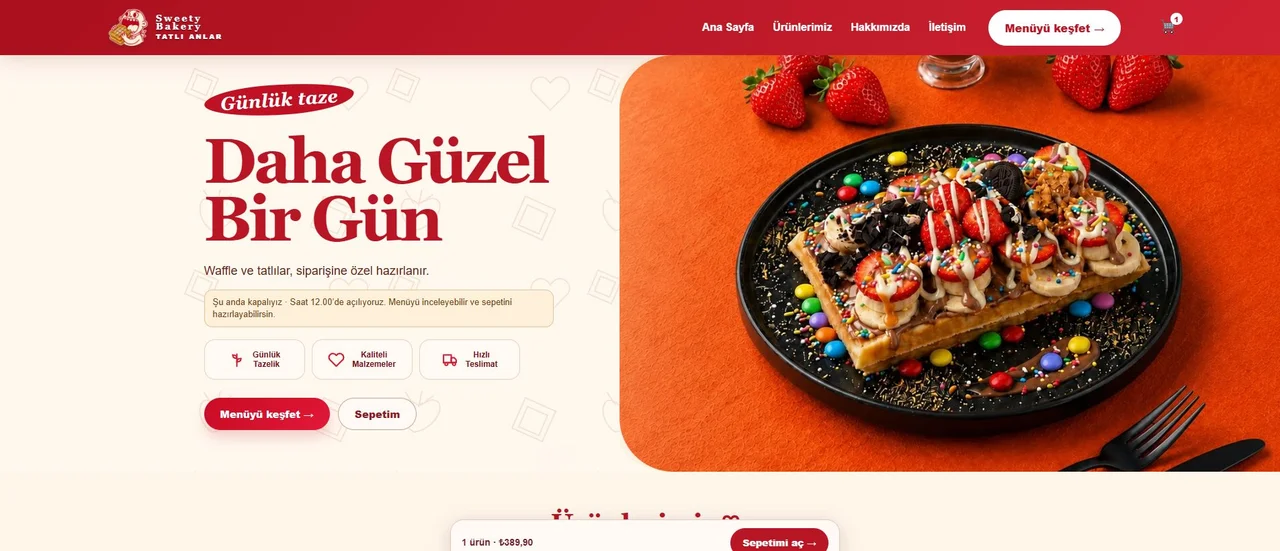 Sweety Bakery marka sitesi ana sayfa tasarımı